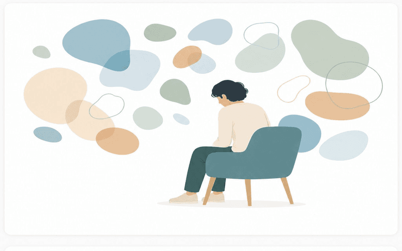 A person sitting with head down, scattered shapes around them
